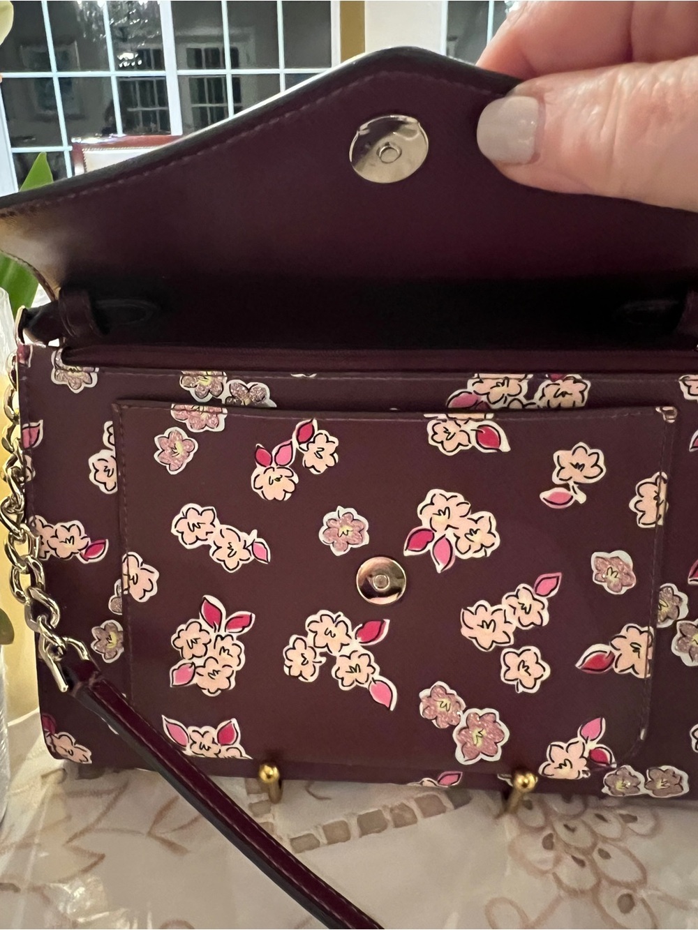 Kate Spade Floral Crossbody Wallet On Chain Burgundy Pink Boutique Luxury - Picture 11 of 12